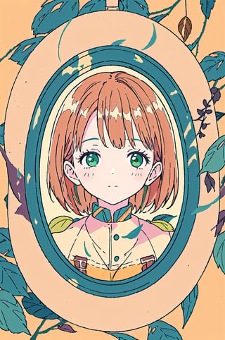 a girl in a circular frame, aerial view, pattern made of leaves, green colors, yellow colors, brown colors, orange colors, dreamy painting