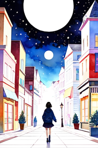 A girl in a Truman Show setting, puzzled expression, walking through a meticulously designed town square, with perfectly arranged storefronts and paved streets, robotic NPCs going about their daily routines, under a simulated moonlit night sky, sense of surrealism and artificiality, 3D rendering style.,APEX colourful ,niji5,art_booster,watercolor