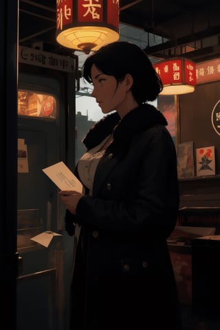 a woman leaning against a wall at a train station, lost in thought, with a distant expression, holding a handwritten letter close to her chest, standing under dimly lit lanterns, surrounded by vintage suitcases and old travel posters, in a mysterious and nostalgic ambiance, captured with a Canon 5D Mark IV camera, 24-70mm lens, moody lighting emphasizing the emotional depth of the scene, in a cinematic style reminiscent of film noir.