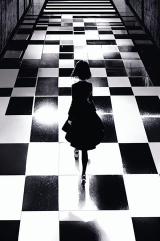 A girl in a white dress, walking on a black and white checkered floor with reflective light patterns, against a simple black and white patterned background. High-quality photo of a cute girl walking on a black and white checkered floor, adding a touch of color contrast to the monochromatic setting. Perfect for projects that require a blend of elegance and playfulness.