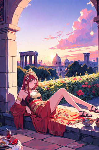 A girl in Ancient Rome, with fiery red hair adorned with golden hairpins, wearing a crimson chiton and embroidered sandals, reclining on a lush green garden terrace overlooking the majestic Colosseum, with marble statues and blooming flowers surrounding her, as the sun sets in the distance casting a warm golden glow, capturing a moment of opulence and luxury in the ancient city,cloudstick,pastel colors