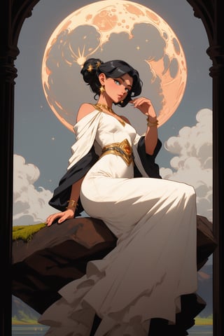 a woman sitting in front of a full moon, wearing a cloak made of shimmering starlight, her eyes reflecting the moon’s glow, with delicate silver jewelry adorning her fingers and ears, perched on a moss-covered rock overlooking a vast lake reflecting the moon’s brilliance, surrounded by wisps of mist that dance in the moonlight, captured in a mystical and enchanting illustration style, imbuing the scene with a sense of otherworldly wonder.,leonardo,pastel colors,Anitoon2