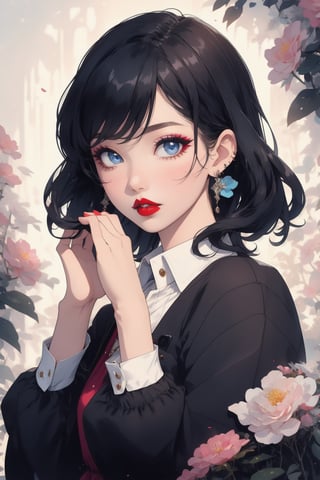 1girl, solo, looking at viewer, blue eyes, shirt, black hair, long sleeves, holding, jewelry, upper body, flower, earrings, parted lips, blurry, lips, makeup, lipstick, red lips, 