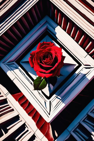   a red rose lay flat on an empty throne, , Daylight, Low angle perspective, Made of stone, Drone camera, Cooling filter, Fantasy scene,LegendDarkFantasy