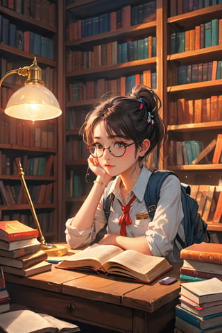 student girl, wearing a colorful backpack with patches and pins, holding a stack of books in her arms, a pencil behind her ear, glasses perched on her nose, sitting at a wooden desk in a bright and cozy study room, surrounded by bookshelves filled with books of various genres, a desk lamp casting a warm glow on the workspace, a laptop open with notes scattered on the screen, a motivational quote poster on the wall, capturing the studious and determined nature of the girl, in a realistic photographic style, shot with a Canon EOS 5D Mark IV camera, 50mm lens, capturing a depth of field that highlights the girl’s face and books, 