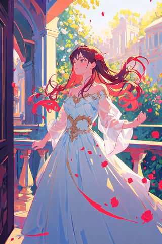 Juliette standing gracefully on the balcony, long flowing dress catching the wind, hair gently blowing in the breeze, a single red rose in her hand, looking wistfully into the distance, surrounded by lush greenery and blooming flowers, golden sunlight casting a warm glow, evoking a sense of longing and hope, rendered in a romantic and dreamy painting style. 