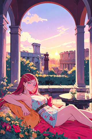 A girl in Ancient Rome, with fiery red hair adorned with golden hairpins, wearing a crimson chiton and embroidered sandals, reclining on a lush green garden terrace overlooking the majestic Colosseum, with marble statues and blooming flowers surrounding her, as the sun sets in the distance casting a warm golden glow, capturing a moment of opulence and luxury in the ancient city,cloudstick,pastel colors