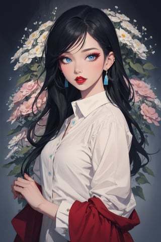 1girl, solo, looking at viewer, blue eyes, shirt, black hair, long sleeves, holding, jewelry, upper body, flower, earrings, parted lips, blurry, lips, makeup, lipstick, red lips, ,no_humans