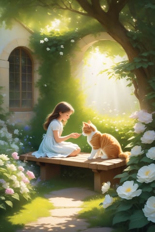 In a sunlit garden, a girl kneels down to softly touch a sleeping cat, her hand reaching out with care, delicate flowers blooming around them, creating a serene and peaceful atmosphere, the cat’s fur glistening in the sunlight, a wooden bench in the background under a lush green tree, composition highlighting the connection between nature and human, inviting viewers to feel tranquility and harmony, captured in a dreamy photography style with a macro lens, focusing on texture and details.