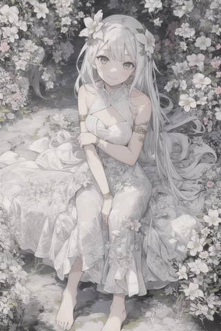 1girl, solo, long hair, looking at viewer, smile, hair ornament, dress, bare shoulders, sitting, very long hair, flower, white hair, barefoot, sleeveless, white dress, grey eyes, white flower, armlet,DArt