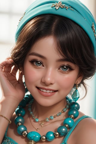 A close-up shot of a curious young girl's hands as she carefully slips a vibrant turquoise beaded necklace over her head. Soft, warm lighting illuminates the beads' iridescent sheen, with a shallow depth of field blurring the background. The girl's face is lit from above, highlighting her bright smile and sparkling eyes.