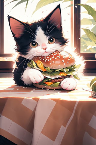 a cat lying comfortably sandwiched between two halves of a hamburger, fluffy fur blending with sesame seeds on the bun, whiskers tickling the pickles, paws resting on the lettuce, surrounded by a colorful checkered tablecloth, under warm sunlight streaming through a kitchen window, inviting and cozy atmosphere, captured with a Canon EOS 5D Mark IV camera, 50mm lens, focusing on the cat’s content expression, in a playful and whimsical illustrative style.,venti (genshin impact)