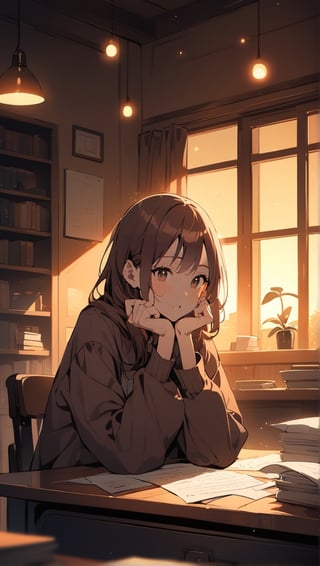 The image depicts an animated character with long, brown hair highlighted with lighter tones. The character is wearing a dark-colored jacket with loose sleeves and has their chin resting on their hands. Papers are visible on the desk in front of the character, suggesting that they may be studying or working. The setting appears to be indoors, with the ambiance of a room lit during the evening or night, as implied by the warm indoor lighting and the darker, blurred background which might suggest a window with a view of a night scene. The mood of the image conveys a sense of contemplation or focus.