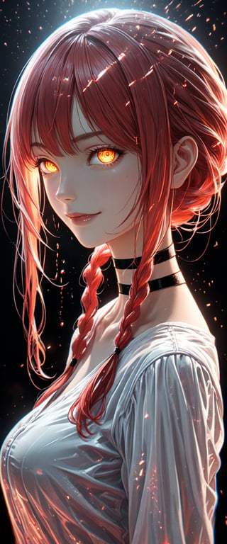 1girl, solo, long hair, breasts, looking at viewer, goddesse look, smile, bangs, shirt, yellow eyes, white shirt, upper body, braid, sidelocks, red hair, choker, from side, lips, glowing, glowing eyes, braided ponytail, ringed eyes, full red vfx, makima \(chainsaw man\)