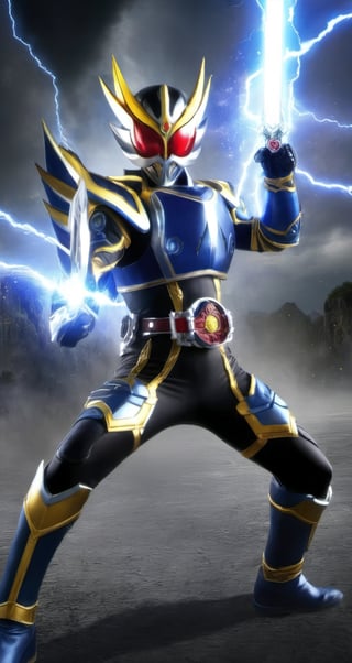 (1girl kamen rider style), Kamen rider style, a masked warrior of thunder fury, wearing thunder armor and holding a lightning sword, smashes the plot of evil forces with a thunderous force. His eyes are firm and hot, and every battle is full of faith and courage. He is a hero and guardian in the hearts of citizens.