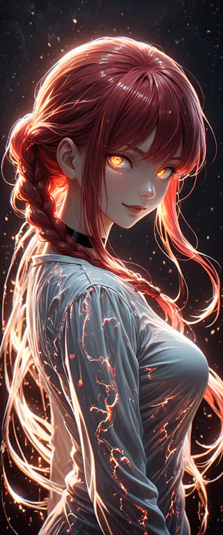 1girl, solo, long hair, breasts, looking at viewer, goddesse look, smile, bangs, shirt, yellow eyes, white shirt, upper body, braid, sidelocks, red hair, choker, from side, lips, glowing, glowing eyes, braided ponytail, ringed eyes, full red vfx, makima \(chainsaw man\)