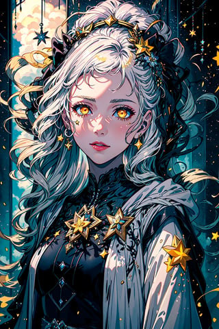 gorgeous enchantress conjuring spells, white magic, silver hair, glowing eyes, beautiful woman, beautiful face, masterpice, yellow stars, sky full of stars and clouds, long dress intricately detailed,covered face,girl,pastelbg,Redayana