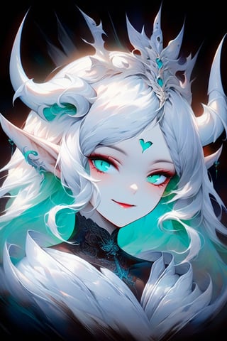 beautiful benevolent lady demon with white horns, calm eyes, serene smile, high_resolution, high contrasting colors,portraitart