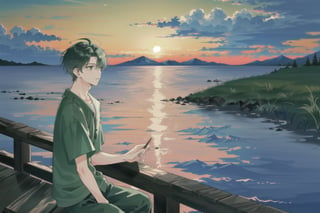 a cute anime guy sitting at the dock of the bay, scenic view, calm sea, sunset,1boy,firefliesfireflies,Futuristic room,DonMW15p,CLOUD,green theme,1 girl,pastel,blacklight,kawaii