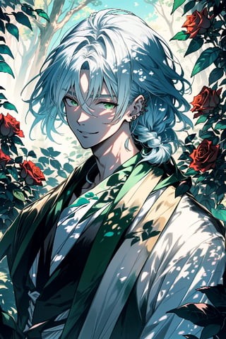 a beautiful anime man in a forest of roses, long white hair, braids, white robes, piercing green eyes, forest leaves, sunshine through the branches, sunny day, looking at the camera, kind smile, interesting background,portrait,1boy,green theme,illustration