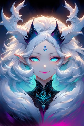 beautiful benevolent lady demon with white horns, calm eyes, serene smile, high_resolution, high contrasting colors,portraitart