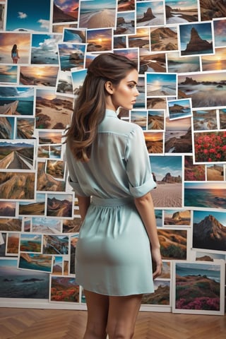 Create an photorealistic portrait depicting a petite model standing with her back turned, overshadowed by enormous pictures cascading onto her head from all sides. The images should appear as if they're falling onto her from above, creating the impression that she's engulfed in a sea of pictures. The illustration should symbolize the feeling of being overwhelmed by the abundance of information in today's world, 8k resolution, best quality,photostudio