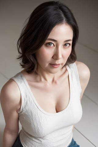 ( top-quality, masterpiece,photo realistic,ultra-detailed,uhd,Textured skin:1.2),(from above),(detailed eyes),natural hair style,(no makeup),((47 years old)),(japanese mature woman),(white-tanktop),flat lighting,
