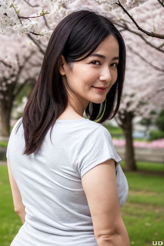 ( top-quality, masterpiece,photo realistic,ultra-detailed,uhd,detailed eyes:1.2),(from behind),((curvy body)),(no makeup),((Textured skin)),(beautiful skin),((45 years old)),(japanese mature woman),(v-neck t-shirts),natural hair style,flat lighting,(row of cherry trees),