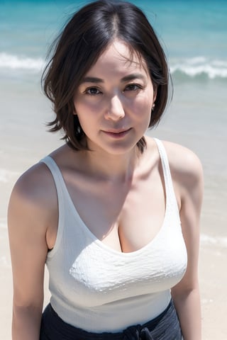 ( top-quality, masterpiece,photo realistic,ultra-detailed,uhd,Textured skin:1.2),from above,(detailed eyes),natural hair style,(no makeup),((50 years old)),(japanese mature woman),(white-tanktop),flat lighting,(tropical beach),