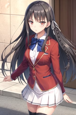 masterpiece, best quality, highres, aasuzune, long hair, black hair, (single braid:1.2), hair ribbon ,red jacket, blazer, blue bowtie, long sleeves, white skirt, black thighhighs, bending forward, showing her underwear,aasuzune,aasuzune, braid, hair ribbon,hair ribbon, red jacket,blue bowtie,long sleeves