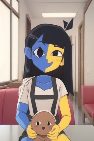 ENA (Joel G), split color body (blue on right, yellow on left), white t-shirt, black skirt with overall straps, 1girl, black eyes, black socks (thigh-high on right, ankle on left), black shoes, grain effect on hair, perfect anatomy, solo, better hands, upper_body, across table, looking at viewer, first person pov, restaurant, indoors, candles,causaPE, holding living gingerbread man