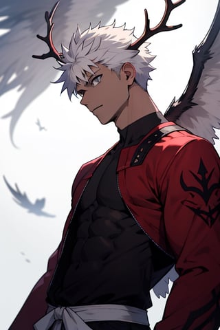 emiya shirou,BlackworkStyleManityro,half of his hair is white while the other half must be red and on his head he must wear a antlers made of blades and wings made of swords,dark skin