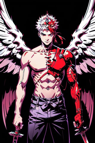 emiya shirou,BlackworkStyleManityro,half of his hair is white while the other half must be red and on his head he must wear a crown made of blades and wings made of swords