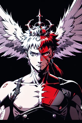 emiya shirou,BlackworkStyleManityro,half of his hair is white while the other half must be red and on his head he must wear a crown made of blades and wings made of swords