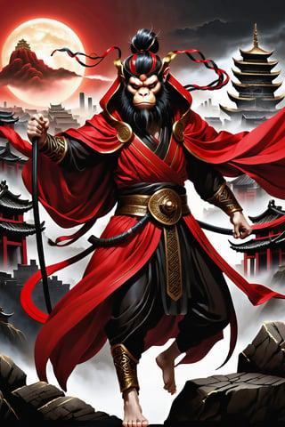 a man  Mythical hero Monkey-like features Playful yet serious expression Humanoid figure Expressive facial features Mystical aura Iconic headband Tail  
Ancient city Ultra-fine painting
Black armor
Red cloak
Fierce expression
Indomitable will
Invincible aura
Lonely guardian
Warring States, Three Kingdoms style
Aerial view
Ferocious face
Sharp eyes
Fluttering armor and cloak
Ruined ancient city
Desolate atmosphere
Central figure
Dark sky
Dark, gray, brown tones Red and gold highlights


3D Realistic Style Highly detailed 4k, 8k, highres: 4K, 8K
Realistic, photorealistic, photo-realistic, in the style of esao andrews,DonM3lv3nM4g1cXL,LegendDarkFantasy,more detail XL,photo r3al