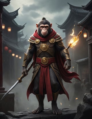 a man
Mythical hero
Monkey-like features
Playful yet serious expression
Humanoid figure
Expressive facial features
Mystical aura
Iconic headband
Tail
Ancient city
Ultra-fine painting
Black armor
Red cloak
Fierce expression
Indomitable will
Invincible aura
Lonely guardian
Warring States, Three Kingdoms style
Aerial view
Ferocious face
Sharp eyes
Fluttering armor and cloak
Ruined ancient city
Desolate atmosphere
Central figure
Dark sky
Yellow metal staff
Dark, gray, brown tones
Red and gold highlights
3D Realistic Style
Highly detailed
4k, 8k, highres
Realistic, photorealistic, photo-realistic