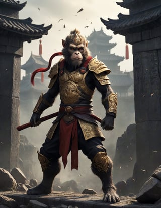 Sun Wukong, the Monkey King, clad in black armor and wielding his Ruyi Jingu Bang (Golden Cudgel), stands before the gate of an ancient city The ancient city behind him is in ruins, with enemy flags planted on the walls 
In front of him are hundreds of demons and monsters, their faces twisted with rage, brandishing various weapons as they close in on Sun Wukong