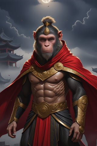 a man  Mythical hero Monkey-like features Playful yet serious expression Humanoid figure Expressive facial features Mystical aura Iconic headband Tail  
Ancient city Ultra-fine painting
Black armor
Red cloak
Fierce expression
Indomitable will
Invincible aura
Lonely guardian
Warring States, Three Kingdoms style
Aerial view
Ferocious face
Sharp eyes
Fluttering armor and cloak
Ruined ancient city
Desolate atmosphere
Central figure
Dark sky
Dark, gray, brown tones Red and gold highlights


3D Realistic Style Highly detailed 4k, 8k, highres: 4K, 8K
Realistic, photorealistic, photo-realistic, in the style of esao andrews,DonM3lv3nM4g1cXL,LegendDarkFantasy,more detail XL,<lora:659095807385103906:1.0>