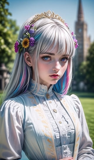 1 girl, silver-white hair, straight line cut bangs, flowers, outdoor, sky, extreme detailed, realistic, solo, beautifully detailed eyes, detailed fine nose, detailed fingers,
(masterpiece, top quality, best quality, official art, beautiful and aesthetic:1.2),(1girl:1.4), portrait,,extreme detailed,(fractal art:1.3),(colorful:1.5),highest detailed,(aristocracy:1.5),Anne