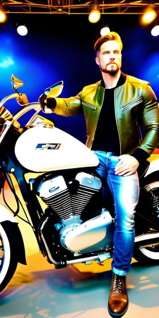 Vibrant motorcycle show backdrop: a sea of gleaming cycles and revving engines. Handsome man, 30 yo, stands confidently in front, his light brown hair styled to perfection. Model-like features - sharp jawline, chiseled facial structure - are illuminated by the bright lights of the show. His hunter green eyes, with light brown iris, lock onto the viewer, radiating charisma. Athletic physique is accentuated under a fitted white sweatshirt and black leather waistcoat, paired with blue jeans pants. The standing model pose exudes confidence and power, as if ready to hop on his motorcycle at any moment.,photo r3al