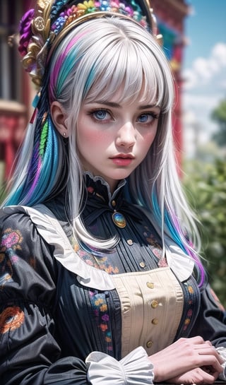 1 girl, silver-white hair, straight line cut bangs, flowers, outdoor, sky, extreme detailed, realistic, solo, beautifully detailed eyes, detailed fine nose, detailed fingers,
(masterpiece, top quality, best quality, official art, beautiful and aesthetic:1.2),(1girl:1.4), portrait,,extreme detailed,(fractal art:1.3),(colorful:1.5),highest detailed,(aristocracy:1.5),Anne