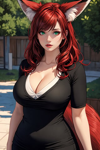 1 fox girl, fox tail, red hair, mid-length hair, fit curvy body, medium breasts, cleavage, beutiful detailed green eyes, senary, semi-realistic