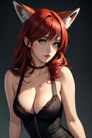 1 fox girl, fox tail, red hair, mid-length hair, fit curvy body, medium breasts, cleavage, beutiful detailed green eyes, senary, semi-realistic