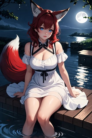 1girl, multi calour, hair, red, black, fit curvy body, medium breasts, realist blue eyes, fox ears, fox tail, moonlight, water, droplets, cute dress, short, perfect, cute face, 