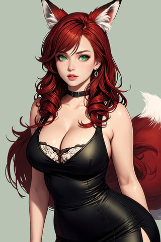 1 fox girl, fox tail, red hair, mid-length hair, fit curvy body, medium breasts, cleavage, beutiful detailed green eyes, senary, semi-realistic