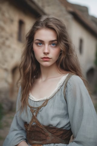 a portrait of a really beautiful 20 year old woman, thin but curvy, model face, blue eyes, thin downward-turned lips, collarbone, brown messy hair, looking at the camera, medieval clothing, worn out clothing, village background