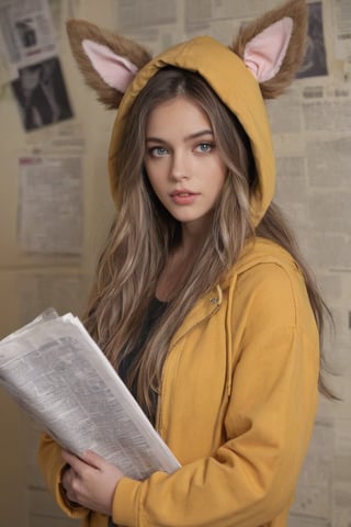  big hair, hair flowing over, messy hair, blue eyes, choker, closed mouth, collar, dog tail, hand in pocket, hat, hat with ears, hood, hoodie, jacket, yellow jacket, long hair, long sleeves, looking at viewer, nail polish, open clothes, open jacket, newspaper wall background,