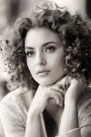 A black and white  portrait of a woman with soft, natural curls framing her face. Her expression is thoughtful and introspective, looking-at-viewer. The background is blurred, creating a dreamy effect.
