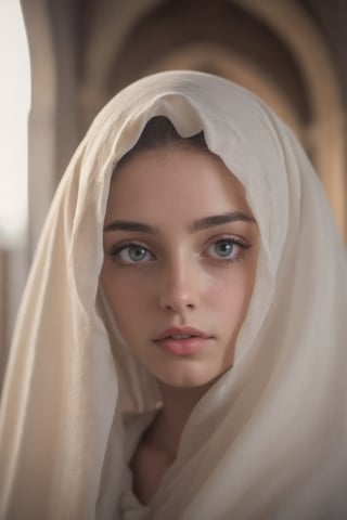 A Byzantine style girl in monastery, white head-cloths and veils. (masterpiece, top quality, best quality, official art, beautiful and aesthetic:1.2), (1girl:1.4), portrait, extreme detailed, highest detailed, simple background, 16k, high resolution, perfect dynamic composition, bokeh, (sharp focus:1.2), super wide angle, high angle, high color contrast, medium shot, depth of field, blurry background