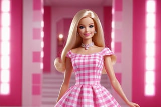 woman smile Barbie World scenes, blonde hair, real girl,  barbie make-up, pink and white squares dress, cinematic texture, attention to detail, soft light, free composition, 8k, photography, highly realistic, pastel color hands together correction, sci - fi, pink, cartoon style